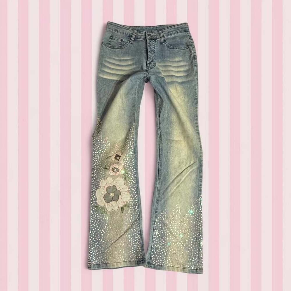Light Wash Sequin Floral Flare Jeans